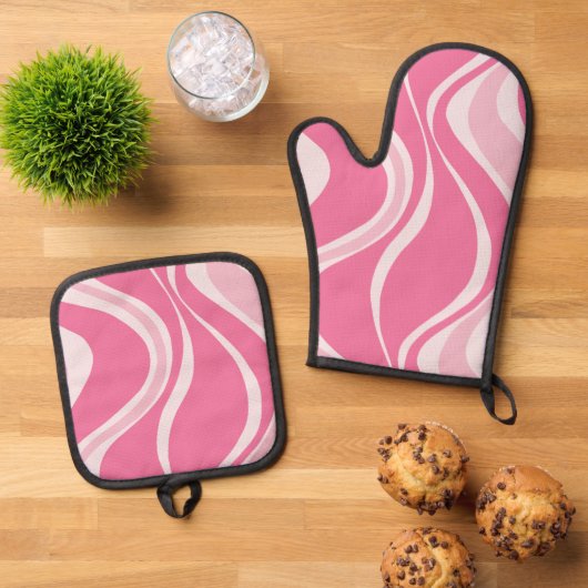 Ensemble De Gant De Cuisine Et De Manique Pink Waves Oven Mitt Set (De haut en bas)