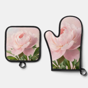 Ensemble De Gant De Cuisine Et De Manique Pivoine rose poudré élégante, illustration florale