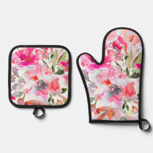 Ensemble De Gant De Cuisine Et De Manique PixDezines Aquarelle Jardin d'été Roses