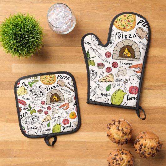 Ensemble De Gant De Cuisine Et De Manique Pizza (De haut en bas)