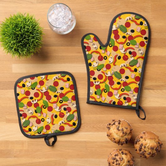 Ensemble De Gant De Cuisine Et De Manique Pizzas (De haut en bas)