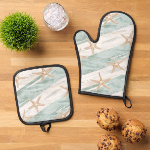 Ensemble De Gant De Cuisine Et De Manique Plage Aqua Menthe Étoiles de Mer Rayures