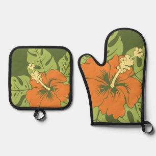 Ensemble De Gant De Cuisine Et De Manique Plage Banzai Hawaïen Hibiscus Floral Vert Olive