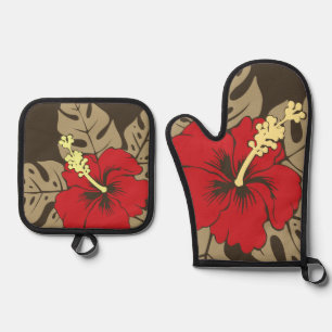 Ensemble De Gant De Cuisine Et De Manique Plage Banzai Hawaiian Hibiscus Floral Marron