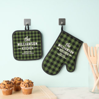 Ensemble De Gant De Cuisine Et De Manique Plaid à bison noir vert personnalisé