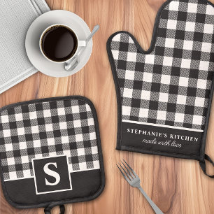 Ensemble De Gant De Cuisine Et De Manique Plaid Buffalo Noir Et Blanc À Carreaux Monogrammé