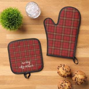Ensemble De Gant De Cuisine Et De Manique Plaid Classique Joyeux Noël Festif - 