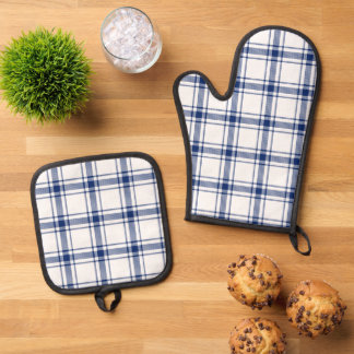 Ensemble De Gant De Cuisine Et De Manique Plaid Nautique Bleu et Blanc