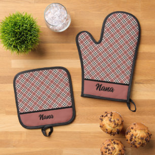 Ensemble De Gant De Cuisine Et De Manique Plaid rose et bordeaux