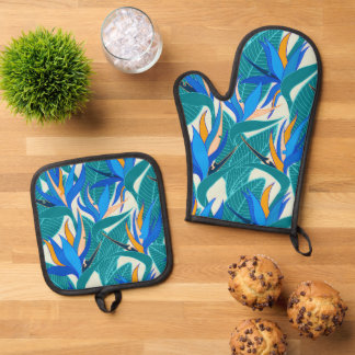 Ensemble De Gant De Cuisine Et De Manique Plante Strelitzia G629 à motifs floraux sans coutu