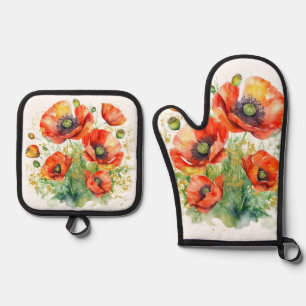 Ensemble De Gant De Cuisine Et De Manique Plantes de fleurs de pavot Fleurs sauvages Pavots