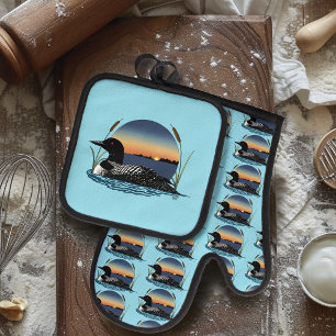 Ensemble De Gant De Cuisine Et De Manique Plongeon commun serein Coucher de soleil Bleu Faun