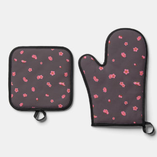 Ensemble De Gant De Cuisine Et De Manique Plum Charcoal Red Plum Blossom Floral Pattern