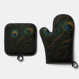 Ensemble De Gant De Cuisine Et De Manique Plumes de paon luxueuses motif sarcelle doré
