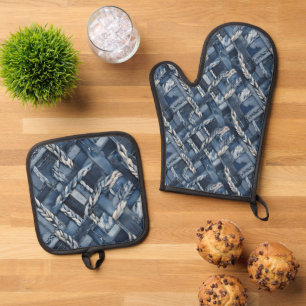 Ensemble De Gant De Cuisine Et De Manique Poche Et Tresses En Denim Distressé Sombre