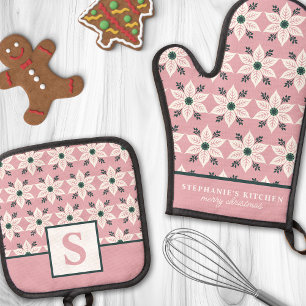Ensemble De Gant De Cuisine Et De Manique Poinsettia blanche sur monogramme floral rose