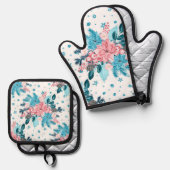 Ensemble De Gant De Cuisine Et De Manique Poinsettias rose turquoise (Recto/Verso)