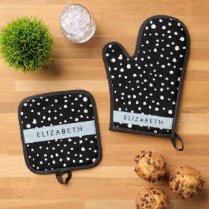 Ensemble De Gant De Cuisine Et De Manique Points dalmatiens, Spots, Noir et Blanc, Votre nom