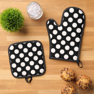 Ensemble De Gant De Cuisine Et De Manique Pois noirs et blancs, Motif Polka