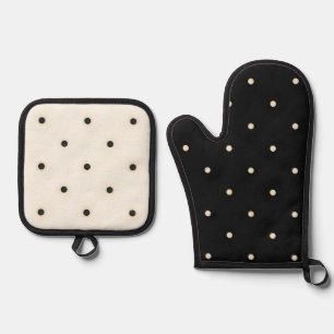 Ensemble De Gant De Cuisine Et De Manique Pois noirs et ivoire, impression mixte
