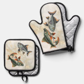 Ensemble De Gant De Cuisine Et De Manique Poisson de la mer Nautique (Recto/Verso)