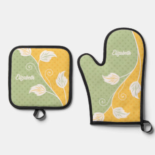 Ensemble De Gant De Cuisine Et De Manique Polka vert Jaune Personnalisée Point Vin Floral