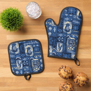 Ensemble De Gant De Cuisine Et De Manique Pomaika’i Tiki Hawaïen Vintage Tapa Indigo