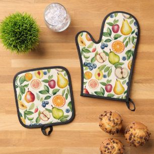 Ensemble De Gant De Cuisine Et De Manique Pommes Poires Myrtilles Oranges Citron Lime Fruits