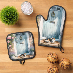 Ensemble De Gant De Cuisine Et De Manique Porche Floral de Style Cottage avec Chat Calico