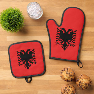Ensemble De Gant De Cuisine Et De Manique Porte-fours Mitt et Pot avec drapeau d'Albanie