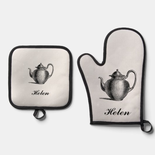 Ensemble De Gant De Cuisine Et De Manique Pot De Thé Antique Avec Nom (Recto)