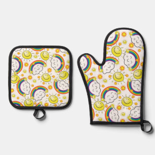 Ensemble De Gant De Cuisine Et De Manique Pot et Mitt du four Portes Jaune Soleil Blanc Nuag