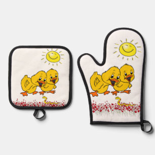 Ensemble De Gant De Cuisine Et De Manique Pot-mitt-four Portes Jaunes Chicks Soleil Floral