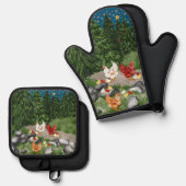 Ensemble De Gant De Cuisine Et De Manique Poules, poussins et flocons bleus (Recto/Verso)