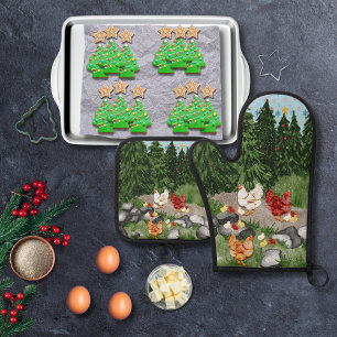 Ensemble De Gant De Cuisine Et De Manique Poules, poussins et flocons de neige bleu clair