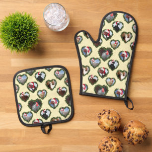 Ensemble De Gant De Cuisine Et De Manique Poulet dans le coeur de la couronne Noël