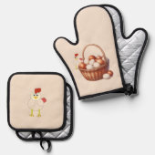 Ensemble De Gant De Cuisine Et De Manique Poulet et Oeufs Style champêtre (Recto/Verso)