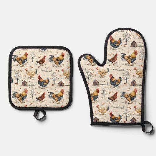 Ensemble De Gant De Cuisine Et De Manique Poulets d'élevage mignons (Recto)