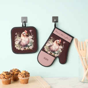 Ensemble De Gant De Cuisine Et De Manique Poulets En Fleurs Bourgogne Rose
