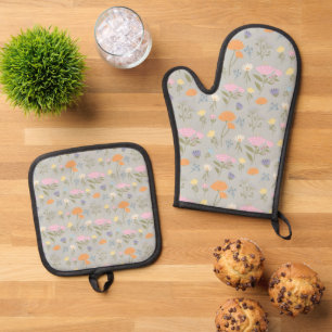 Ensemble De Gant De Cuisine Et De Manique Prairie colorée sur gris