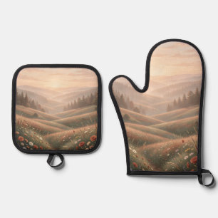 Ensemble De Gant De Cuisine Et De Manique Prairie de fleurs sauvages à l'heure dorée, collin