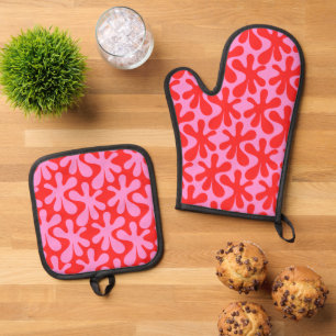 Ensemble De Gant De Cuisine Et De Manique Preppy rose et rouge Amoeba Motif contemporain