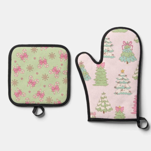 Ensemble De Gant De Cuisine Et De Manique Pretty Pastel Christmas Trees and Bows (Recto)