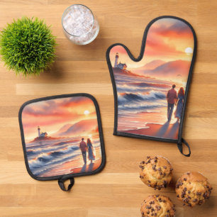 Ensemble De Gant De Cuisine Et De Manique Promenade au phare du coucher de soleil côtier rom
