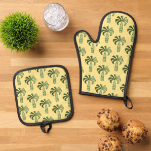 Ensemble De Gant De Cuisine Et De Manique Pupule Hawaïen Palmier Vintage Jaune Tropical