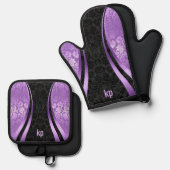 Ensemble De Gant De Cuisine Et De Manique Purpe à l'oeil noir Damas dynamique lignes four (Recto/Verso)