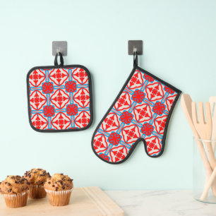 Ensemble De Gant De Cuisine Et De Manique Quatre Feuilles Rouges Géométriques