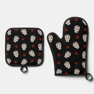 Ensemble De Gant De Cuisine Et De Manique RAB Rockabilly Crânes de Sucre Roses sur Fond Noir