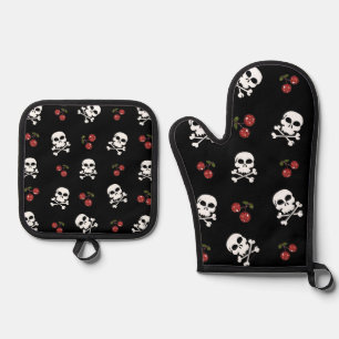 Ensemble De Gant De Cuisine Et De Manique RAB Rockabilly Skuls et Cerises sur Noir