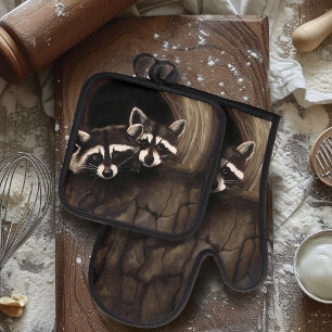 Ensemble De Gant De Cuisine Et De Manique Raccoon Brown Cute Tree